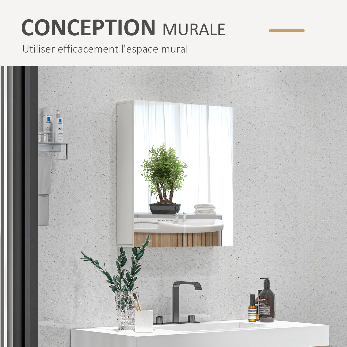 Armoire murale de salle de bain miroir placard de rangement 2 portes 3 niveaux étagère réglable 60 x 15 x 60 cm blanc-7