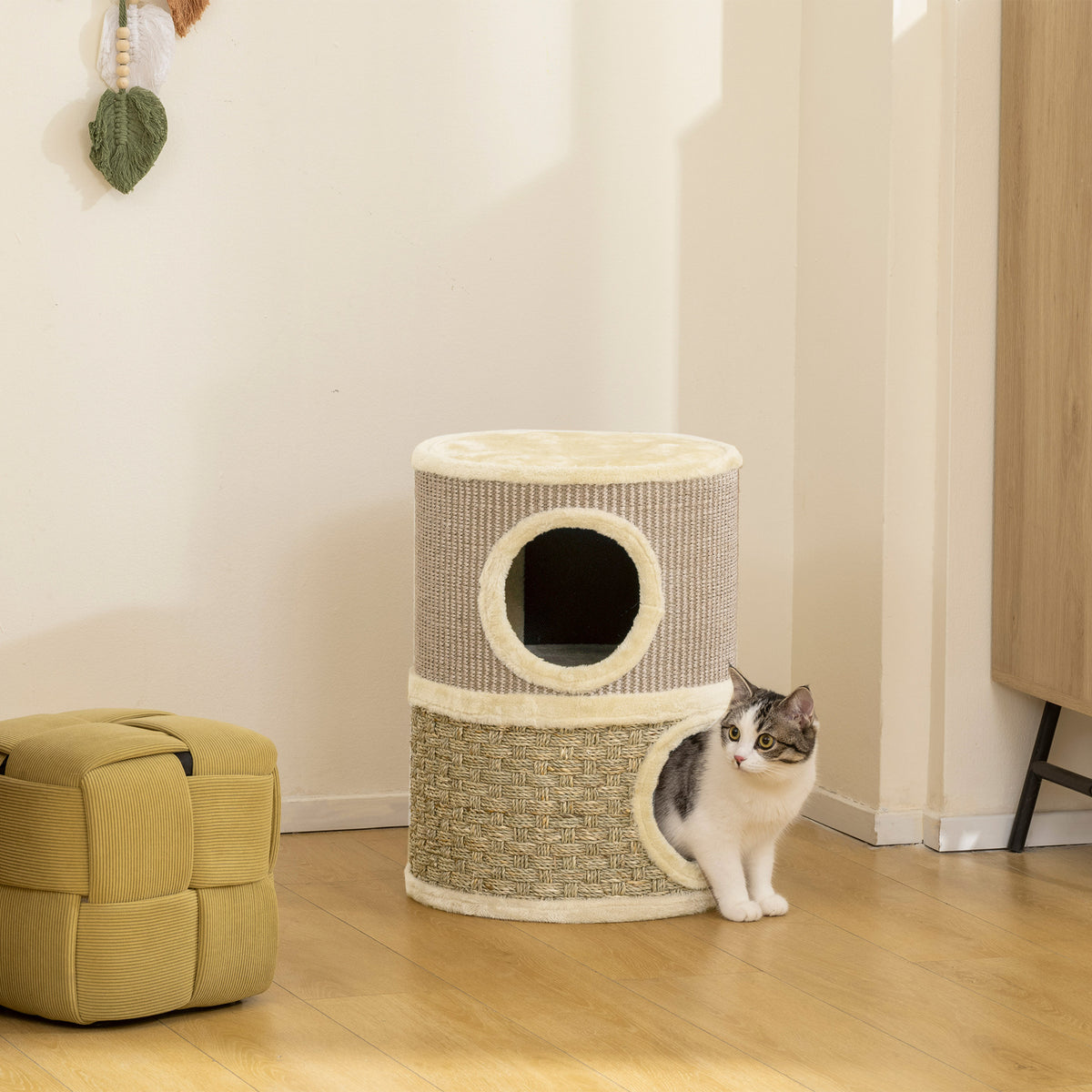 Tonneau à gratter pour chat arbre à chat sisal naturel et herbiers marins recouvert de peluche 35,5x35,5x49cm kaki café-1
