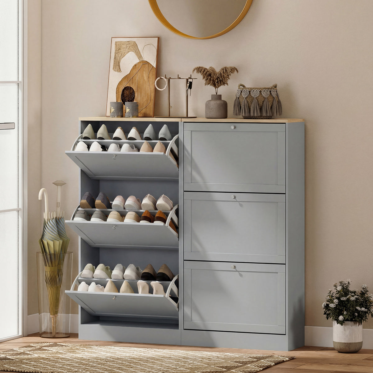 Meuble à chaussures 18 paires, armoire à chaussures avec 3 tiroirs rabattables, étagères réglables, 60x23,5x115cm, gris-7