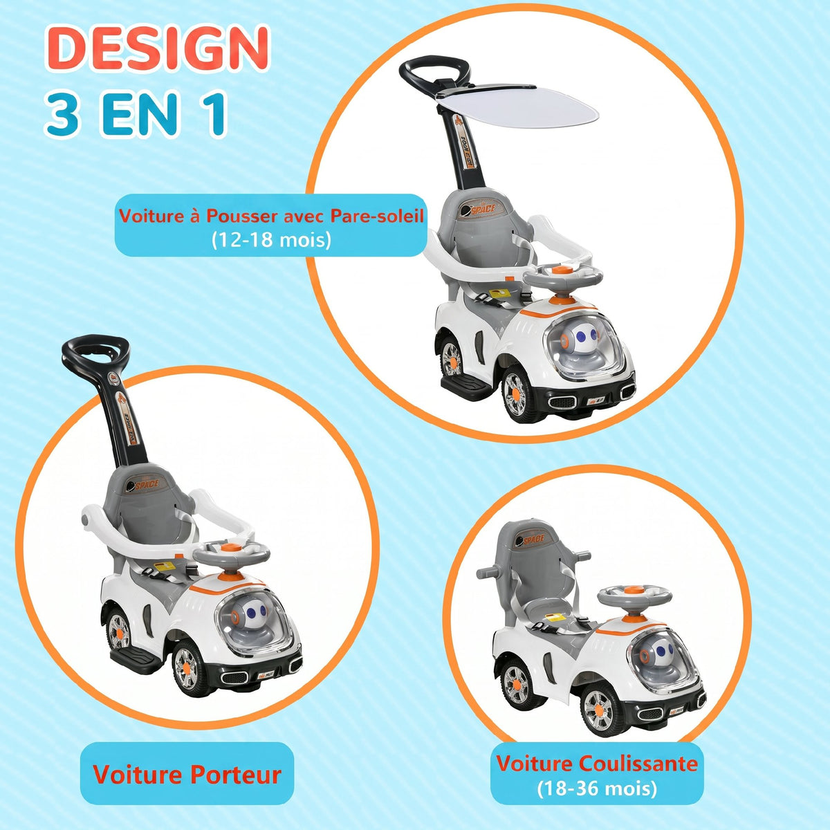 Porteur enfants, porteur bébé voiture à pousser 3 en 1 avec robot thème, pédales, poignée parentale, blanc-3