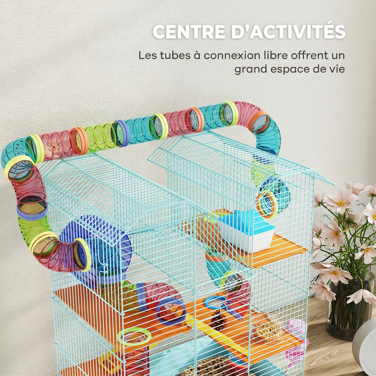 Cage pour hamster souris petit animaux rongeur avec tunnel mangeoire roue jouet 47 x 30 x 59 cm bleu clair-6