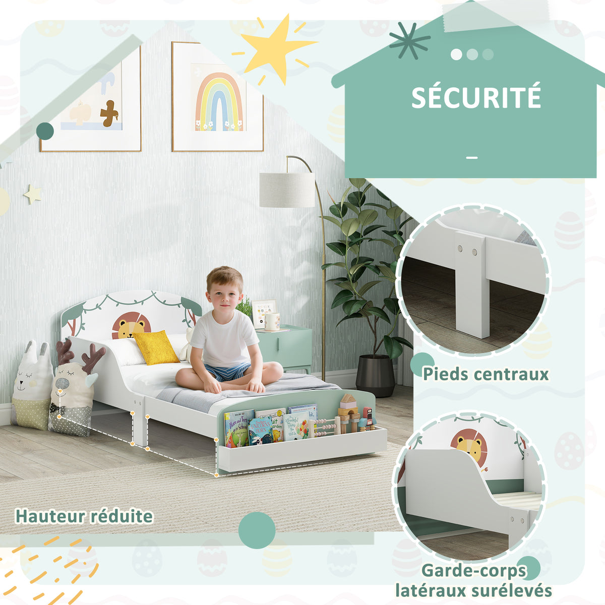 Lit enfant 70 x 140 cm, lit pour enfant avec barriere de securite et sommier à lattes, espace de rangement, vert-3