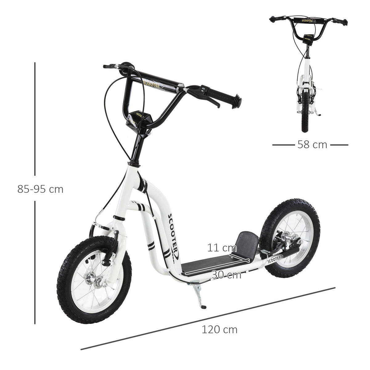 Trottinette enfants, grandes roues pneumatiques 12 pouce en caoutchouc, charge 100 kg, trottinette tout terrain avec double freins, hauteur réglable et béquille latérale, 5 à 12 ans, blanc-2