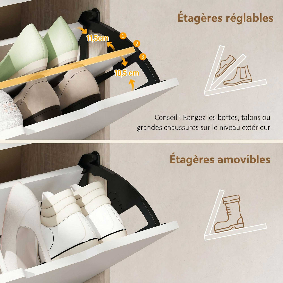 Meuble à chaussures 12 paires, armoire à chaussures étroite, 3 tiroirs rabattables, chêneet blanc-4