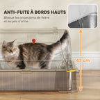 Bac à Litière pour Chat 80L en Inox avec Couvercle Rabattable à 180°, Tiroir Coulissant, Pelle, 63x43x43cm, Gris Clair-8