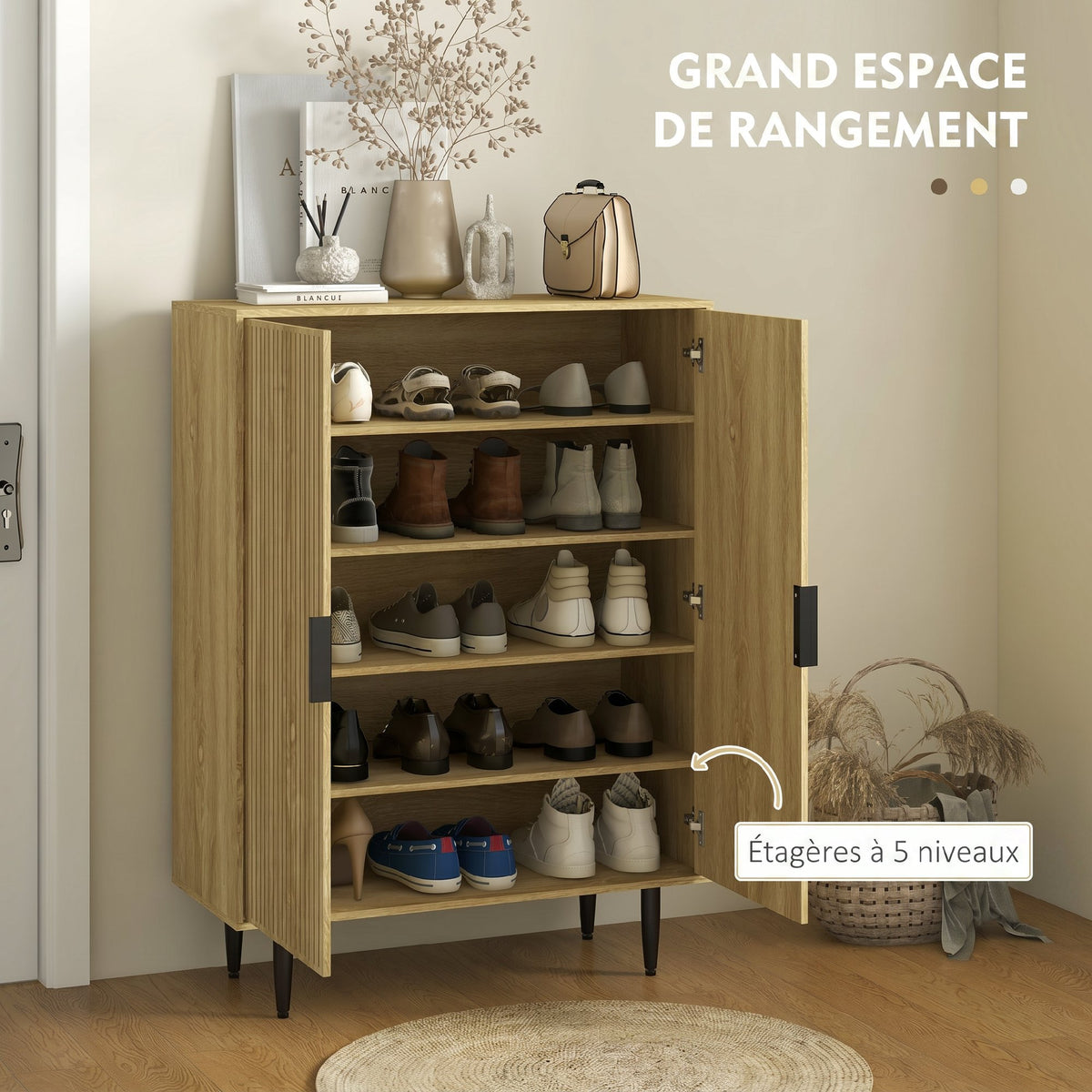 Meuble à Chaussures 15 Paires, Armoire à Chaussures 5 Niveaux avec Étagères Réglables, 2 Portes et Pieds en Métal, Chêne-3