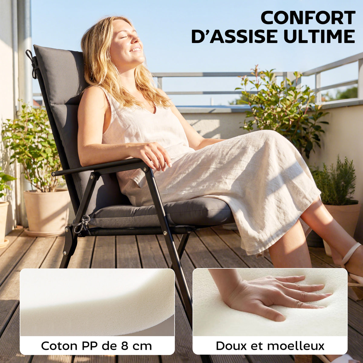 Lot de 4 coussins pour chaises de terrasse, résistants à l'eau, antidérapants, avec liens, 112x53cm, Gris Foncé-3