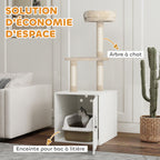 Arbre à chat avec maison de toilettes, tour de jeu 2-en-1 de 129 cm avec cache-litière, poteaux à griffer, crème-3