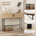Console meuble, table console avec portes coulissantes à lattes et pieds en acier, pour salon, chêne et noir-6