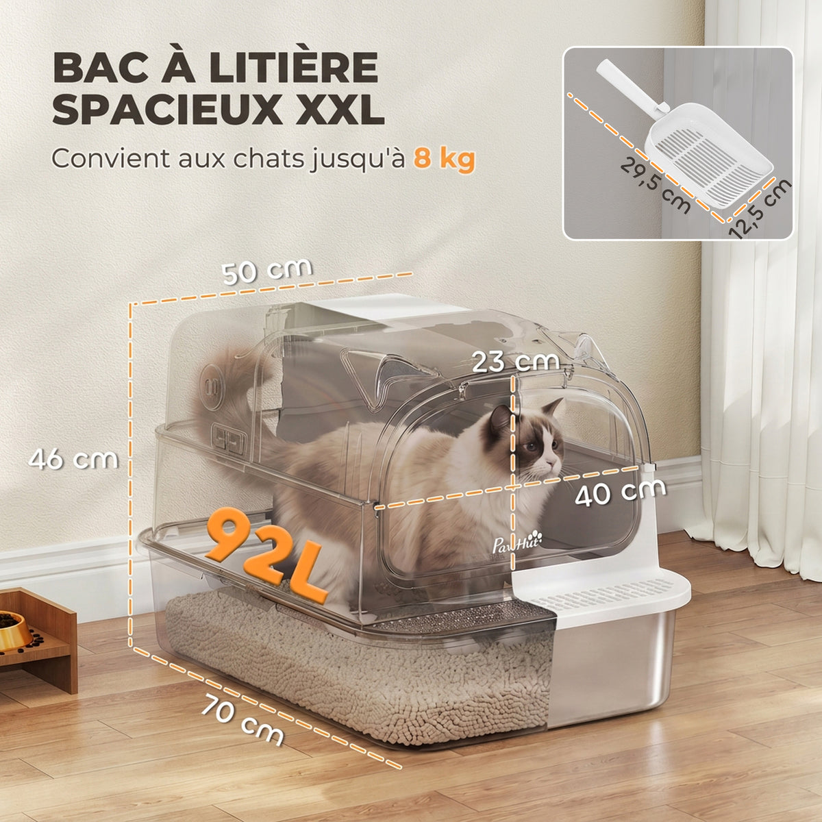 Bac à Litière pour Chat en Acier Inox avec Couvercle 3 en 1 Bords Hauts Pelle et Sacs Anti-Odeur XL 70x50x46cm Blanc-2