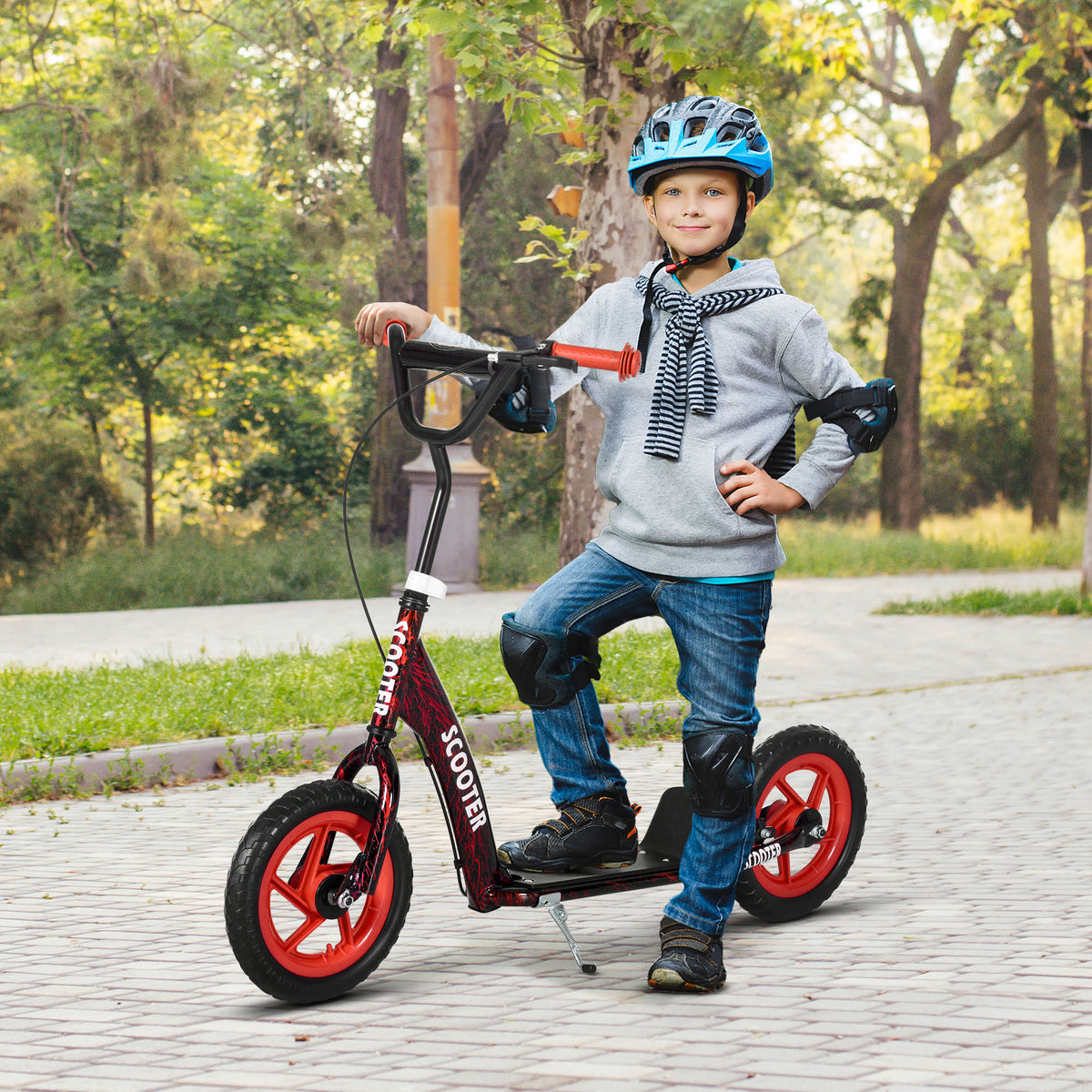 Trottinette patinette scooter enfant grandes roues de 6 à 12 ans hauteur réglable frein arrière béquille rouge-1