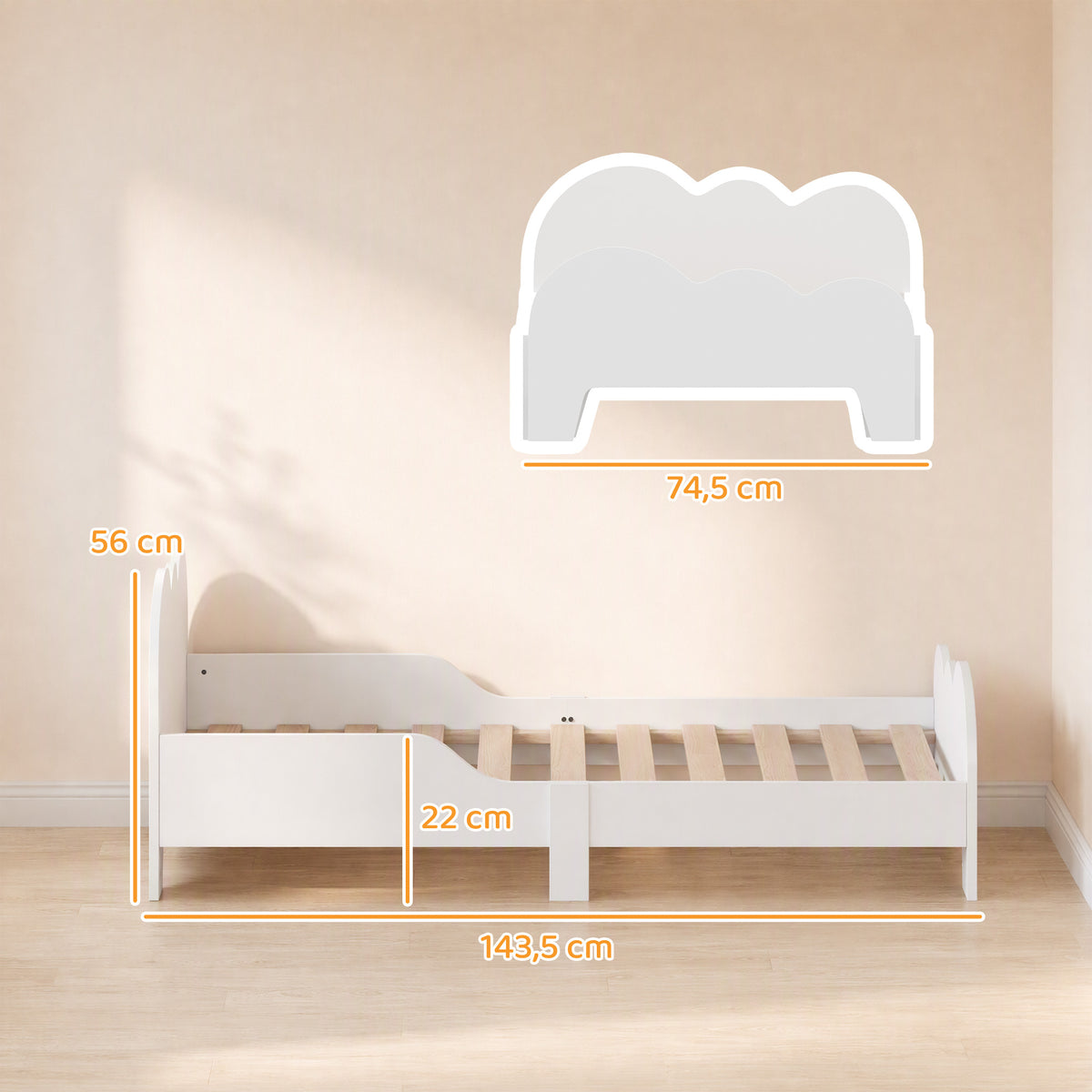 Lit enfant lit au sol enfant 70x140 cm avec barrière de sécurité, sommier à lattes inclus et décorations de nuage, blanc-2