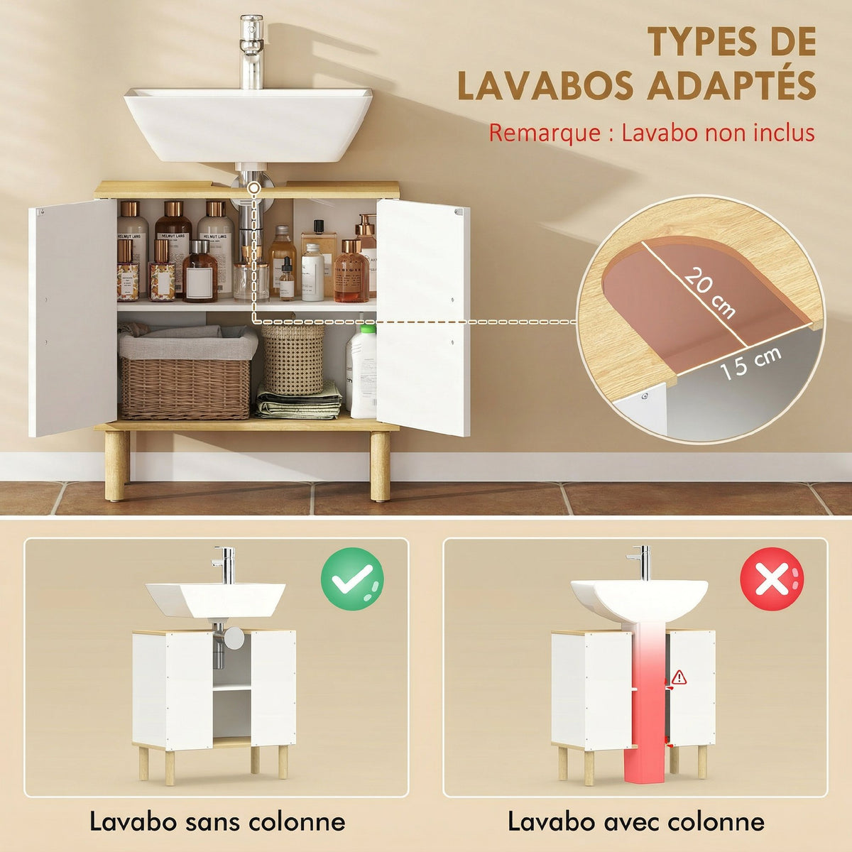 Meuble sous lavabo, meuble de salle de bain avec 2 portes et étagère réglable, 60 x 30 x 61 cm, blanc-3