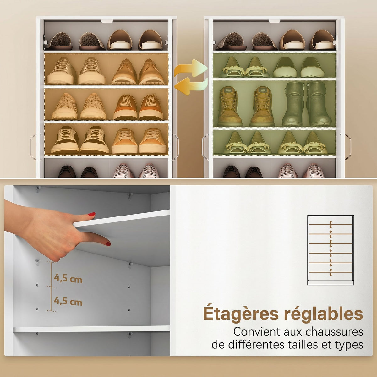 Meuble à chaussures 14 paires armoire à chaussures 7 niveaux avec 6 étagères réglables 2 portes à fermeture douce blanc-4
