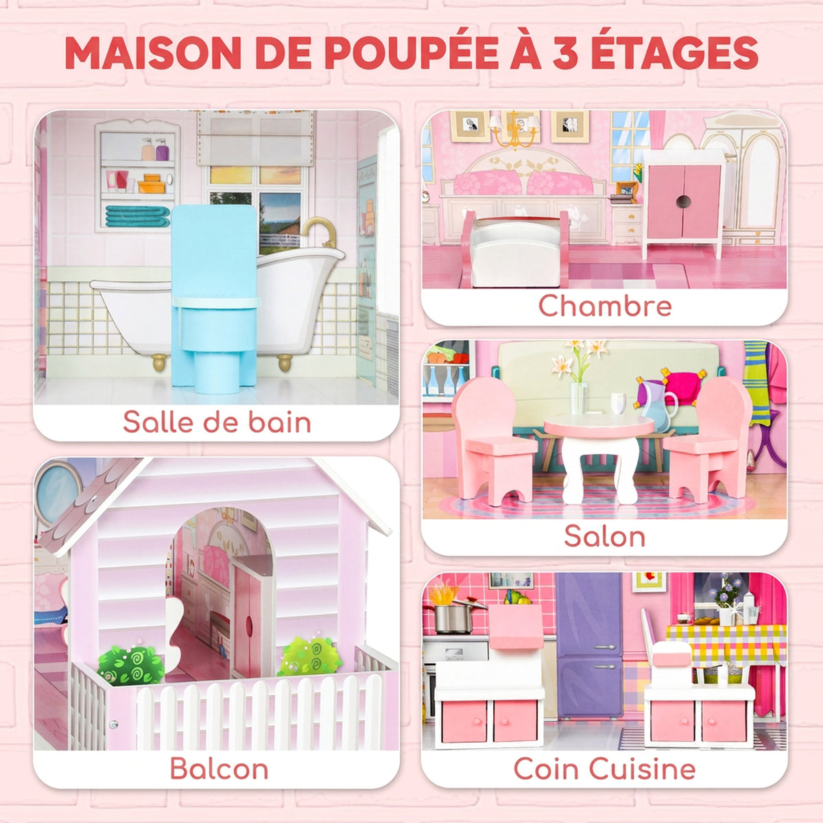 Maison de Poupée en Bois pour Enfants, Maison de Rêve Filles, 6 Pièces, Éclairage LED et 8 Meubles, 3-6 ans, Rose-3