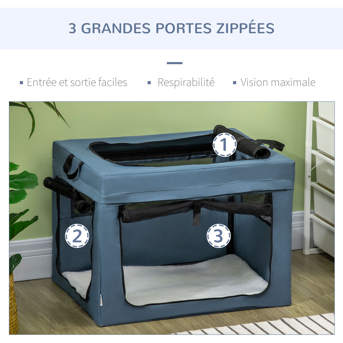Sac de transport pliable pour animaux de compagnie avec poignée tissu en maille 69 x 51 x 51 cm bleu noir-3