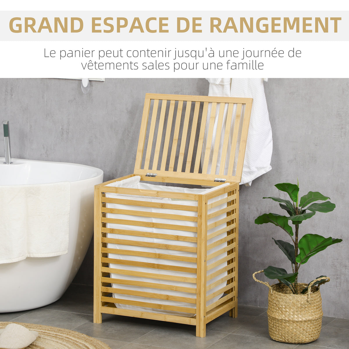Panier à linge sale en bambou avec sac en polyester et coton amovible et couvercle - dim. 50L x 36l x 60H cm naturel-3