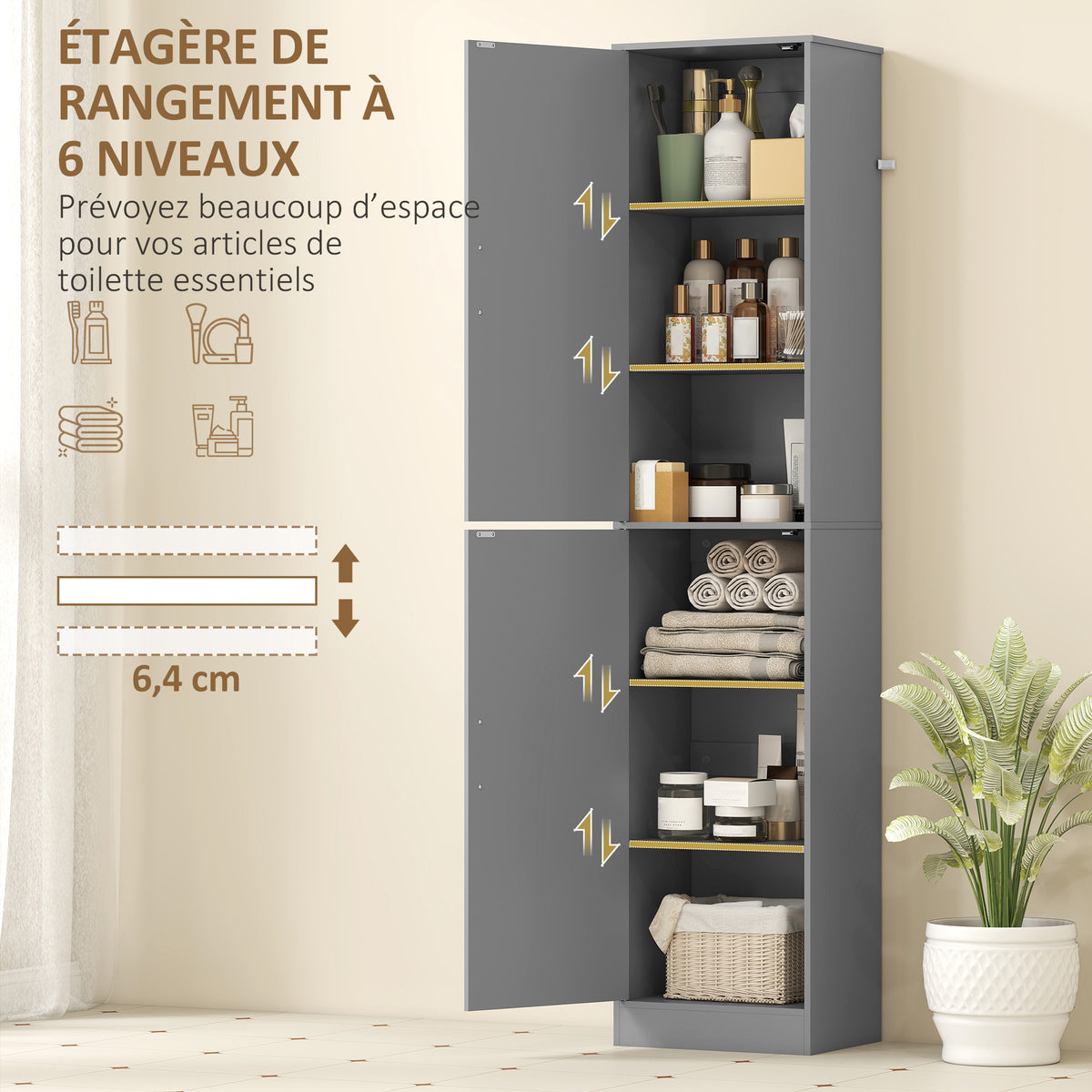 Meuble de salle de bain colonne avec 2 portes et 4 étagères réglables, 40 x 35 x 180 cm, gris-3