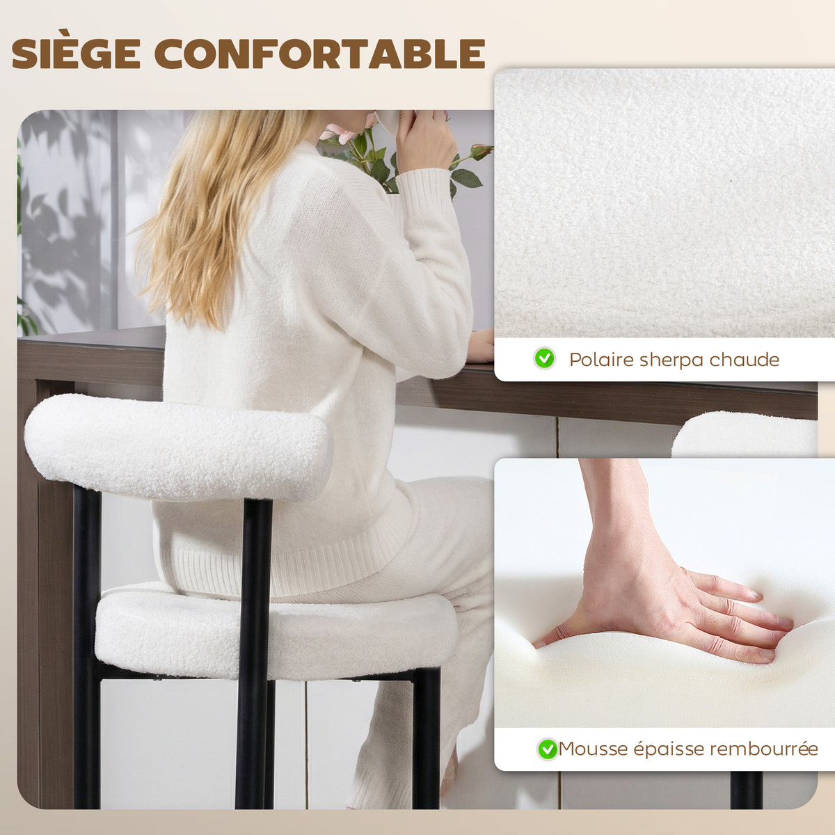 Lot de 2 tabourets de bar, chaises de bar en tissu bouclette avec dossier incurvé, repose-pieds, 50x52,5x98cm, blanc-5