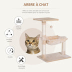 Arbre à chat 3 griffoirs grattoirs sisal naturel plateforme hamac et boule suspendue dim. 50L x 36l x 70H cm peluche courte beige-3