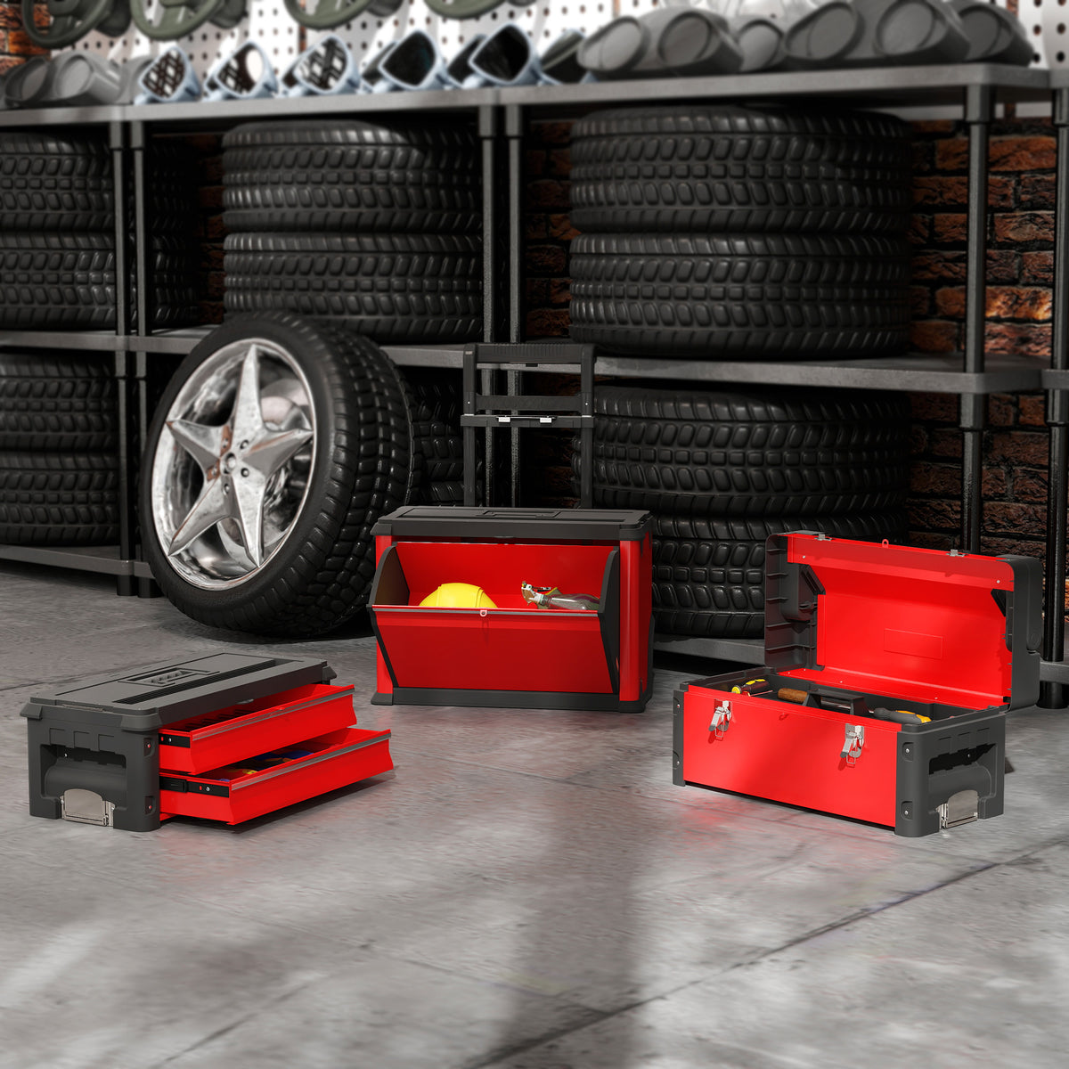 Lot de 3 boîtes à outils sur roulettes empilables et modulaires en acier avec plateau, poignées et serrure, rouge-8
