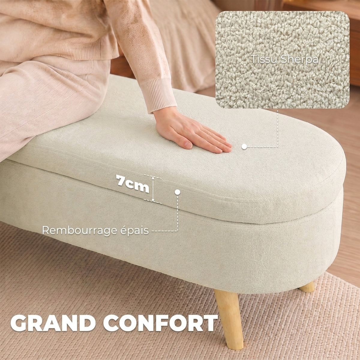 Banc Banquette, Bout de Lit, Coffre de Rangement 2 en 1 en Tissu avec Pieds en Bois, 110L x 40P x 43H cm, Crème-4