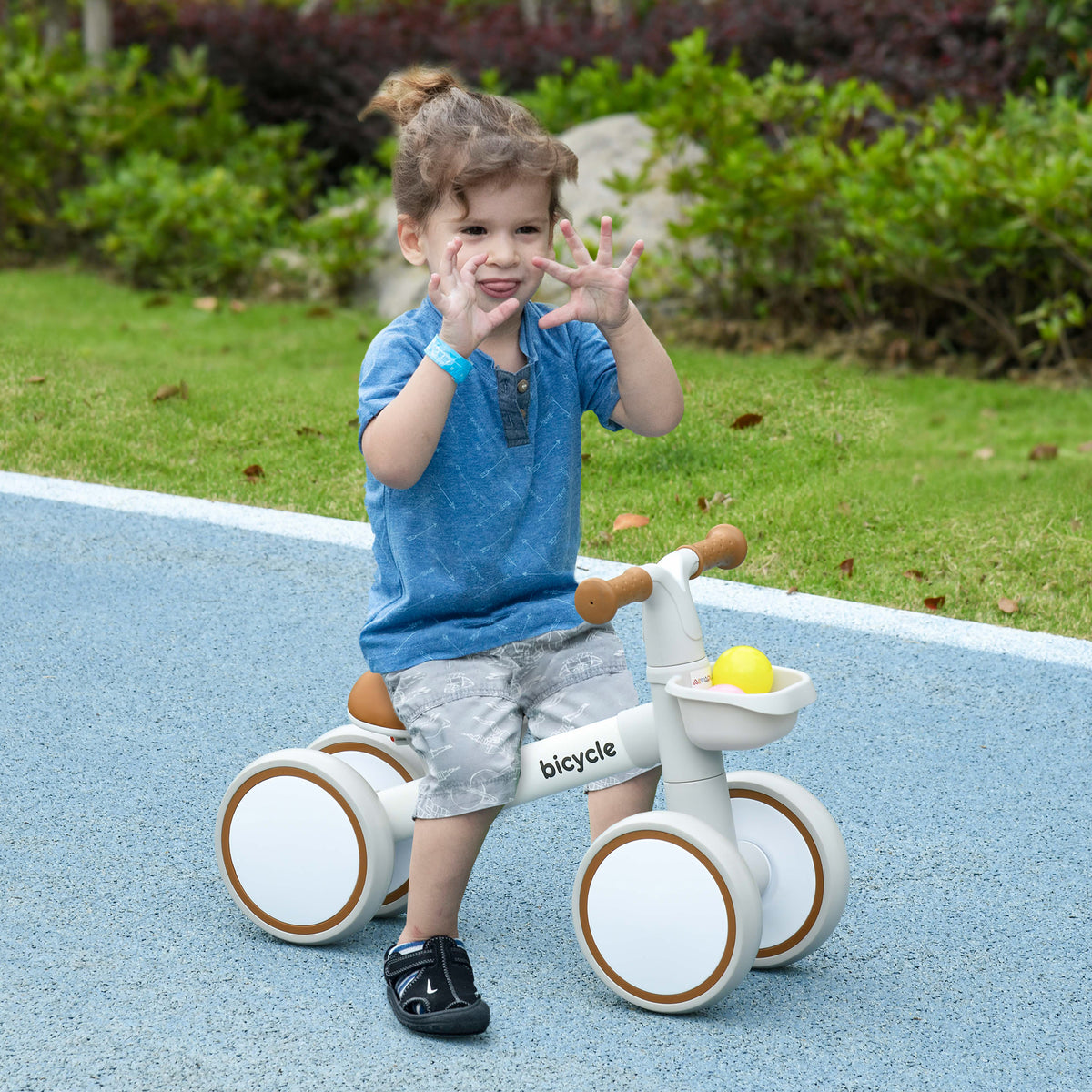 Draisienne vélo Enfant 4 roues selle réglable, guidon ergonomique alliage alu. PP, enfant 1 à 3 ans - Marron Blanc-1