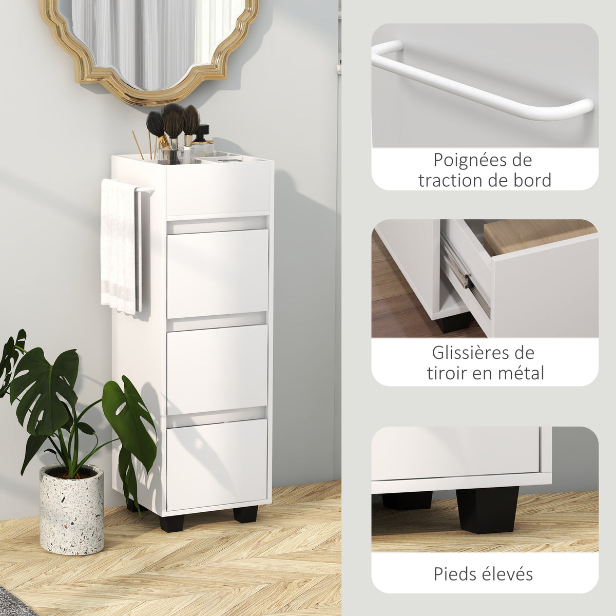 Meuble de rangement pour salle de bain avec 4 compartiments, 3 tiroirs et porte-serviettes, dim. 35 x 30 x 90 cm, blanc-5