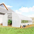 Serre tunnel de jardin 24m², serre de jardin tunnel avec cadre en acier galvanisé, portes et 2 grandes fenêtres, blanc-1