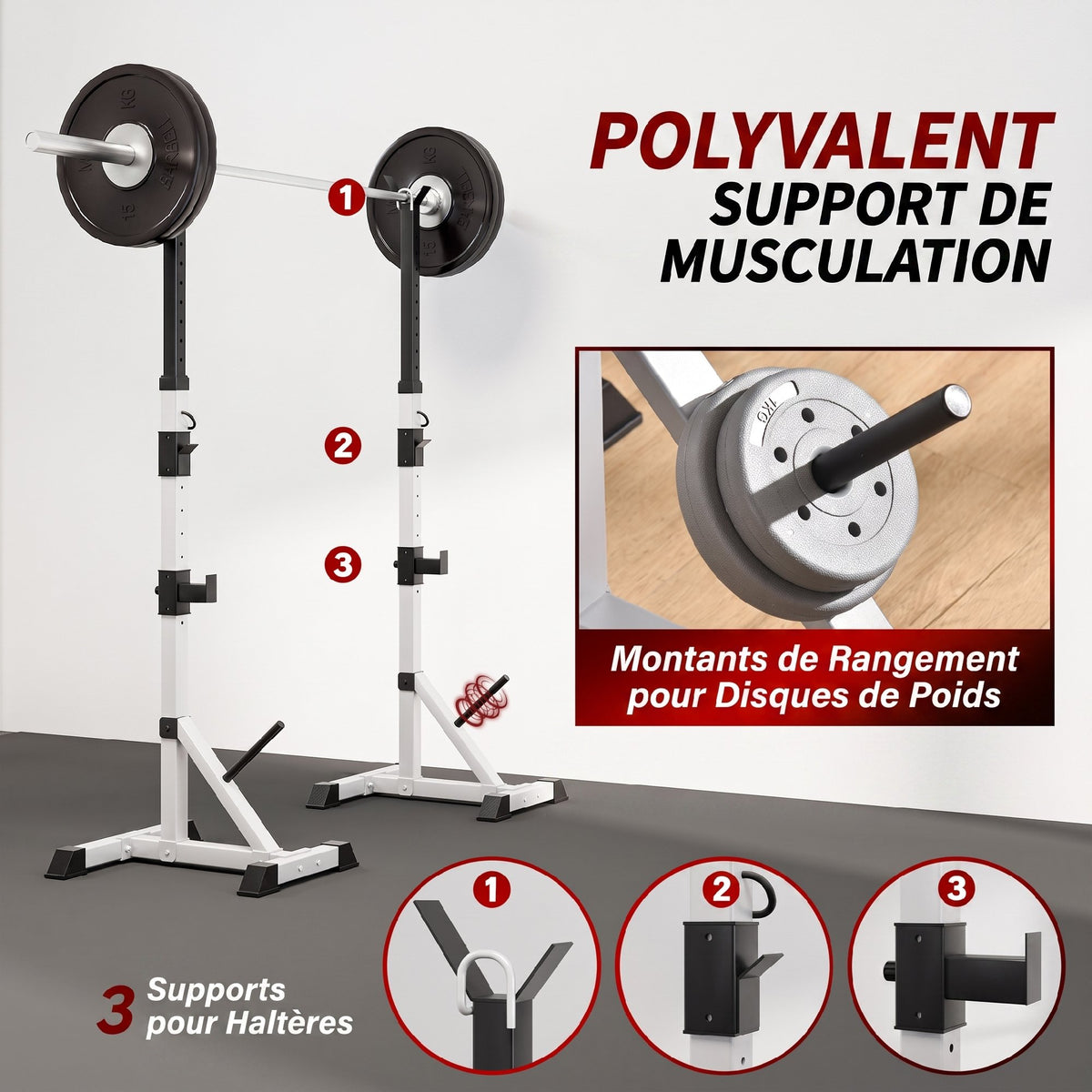 Squat Rack Réglable en Acier, Charge 200 kg, Support pour 3 Barres d'Haltères avec Crochets, 58,5x75,5x136-176cm, Argent-3