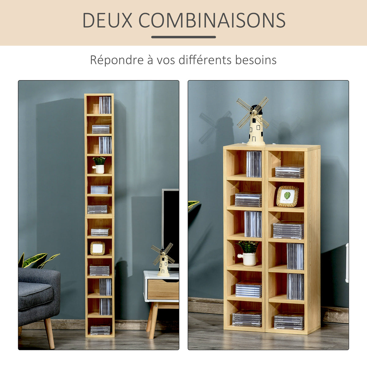 Lot de 2 étagères colonnes Armoire de Rangement CD-DVD 6 + 6 Compartiments dim. 21L x 19l x 88H cm capacité Max. 160 CD Naturel-4