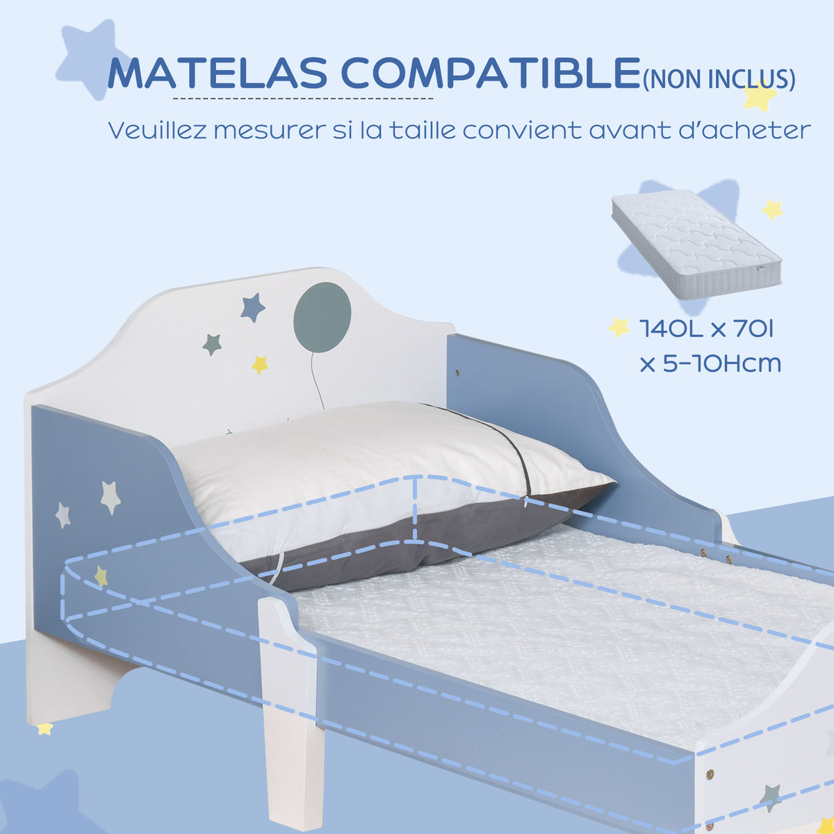 Lit pour enfants de 3 à 6 ans design étoiles sommier à lattes inclus chambre moderne 143 x 74 x 59 cm bleu blanc-6
