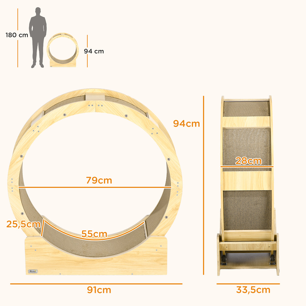 Roue de course pour chat d'intérieur tapis roulant avec frein coussins de grattage diamètre 91 cm naturel-2