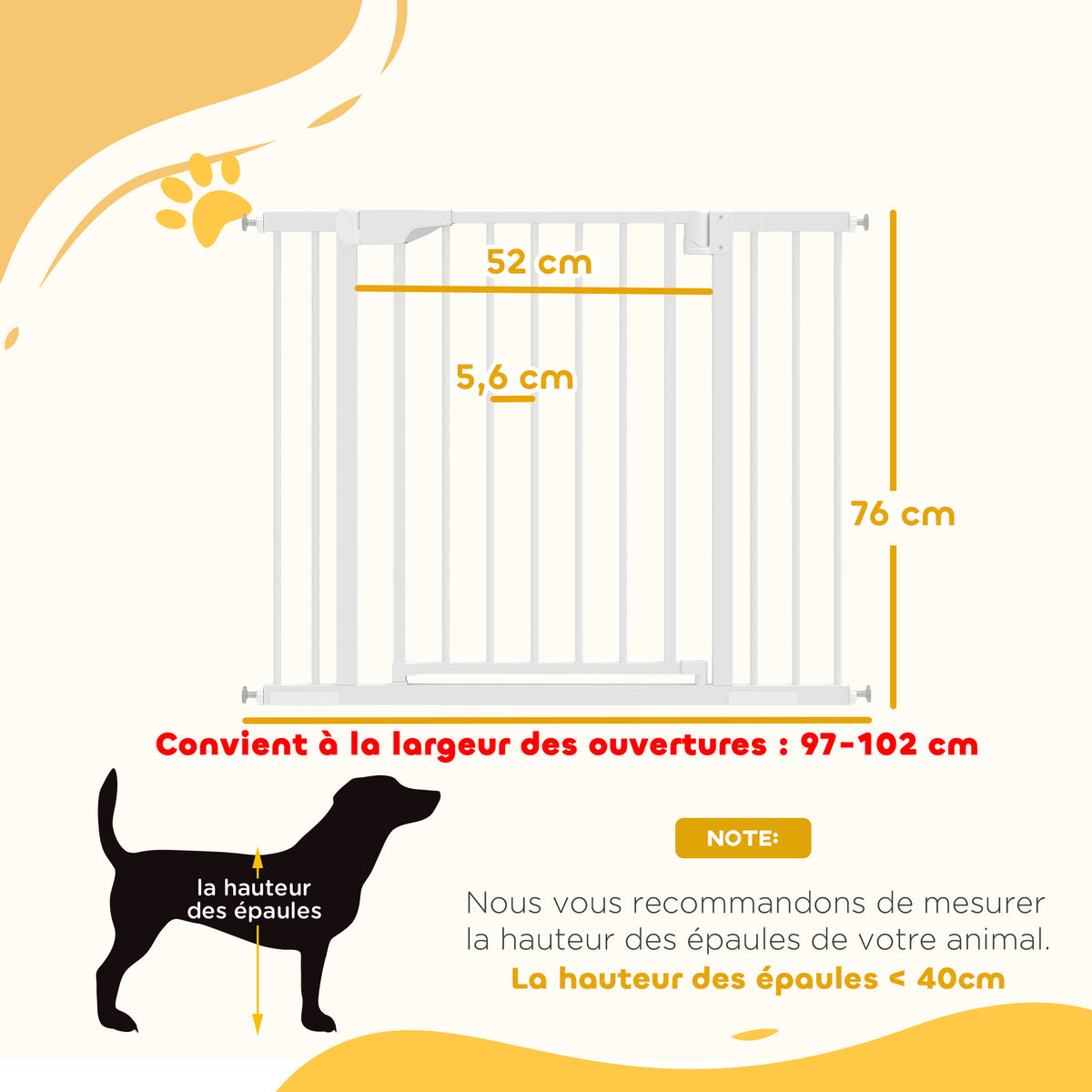 Barrière de sécurité pour chiens et bébés 76 à 102 cm avec extension fixation par pression sans perçage blanc-2