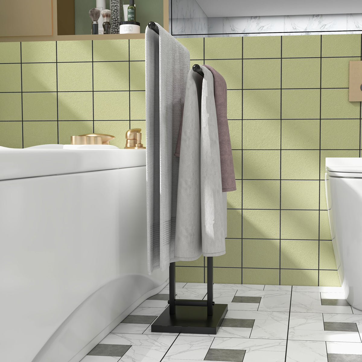 Porte-serviettes sur pied autoportant 2 niveaux en métal pour la salle de bain, dim. 50l x 18,5P x 85H cm, noir-6