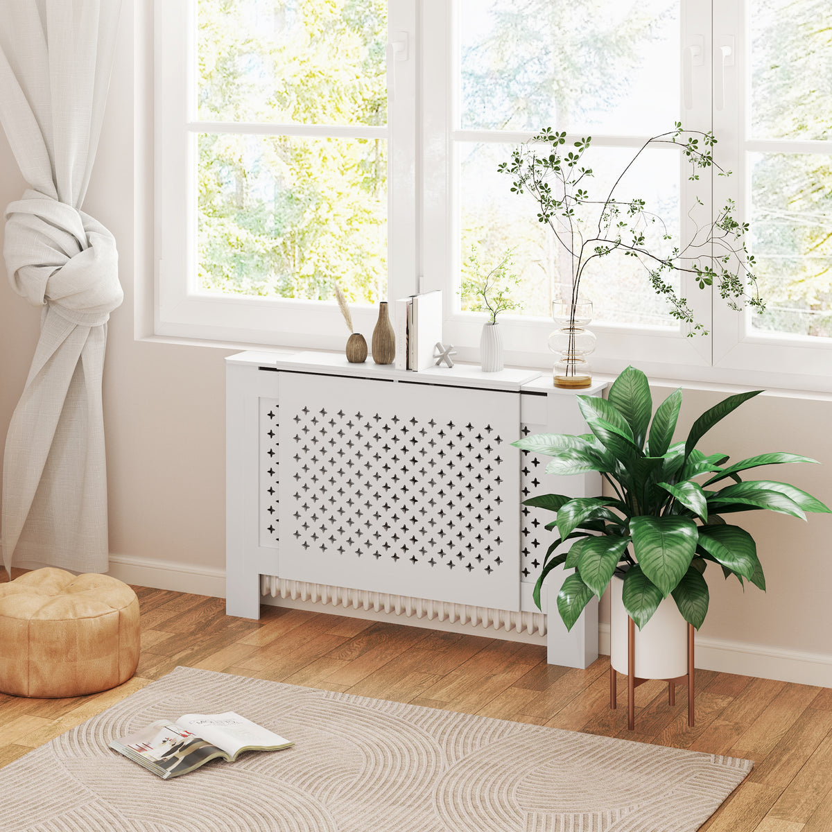Cache-radiateur réglable Design Contemporain Longueur Extensible 136-200 x 21,5 x 91,7 cm Blanc-8