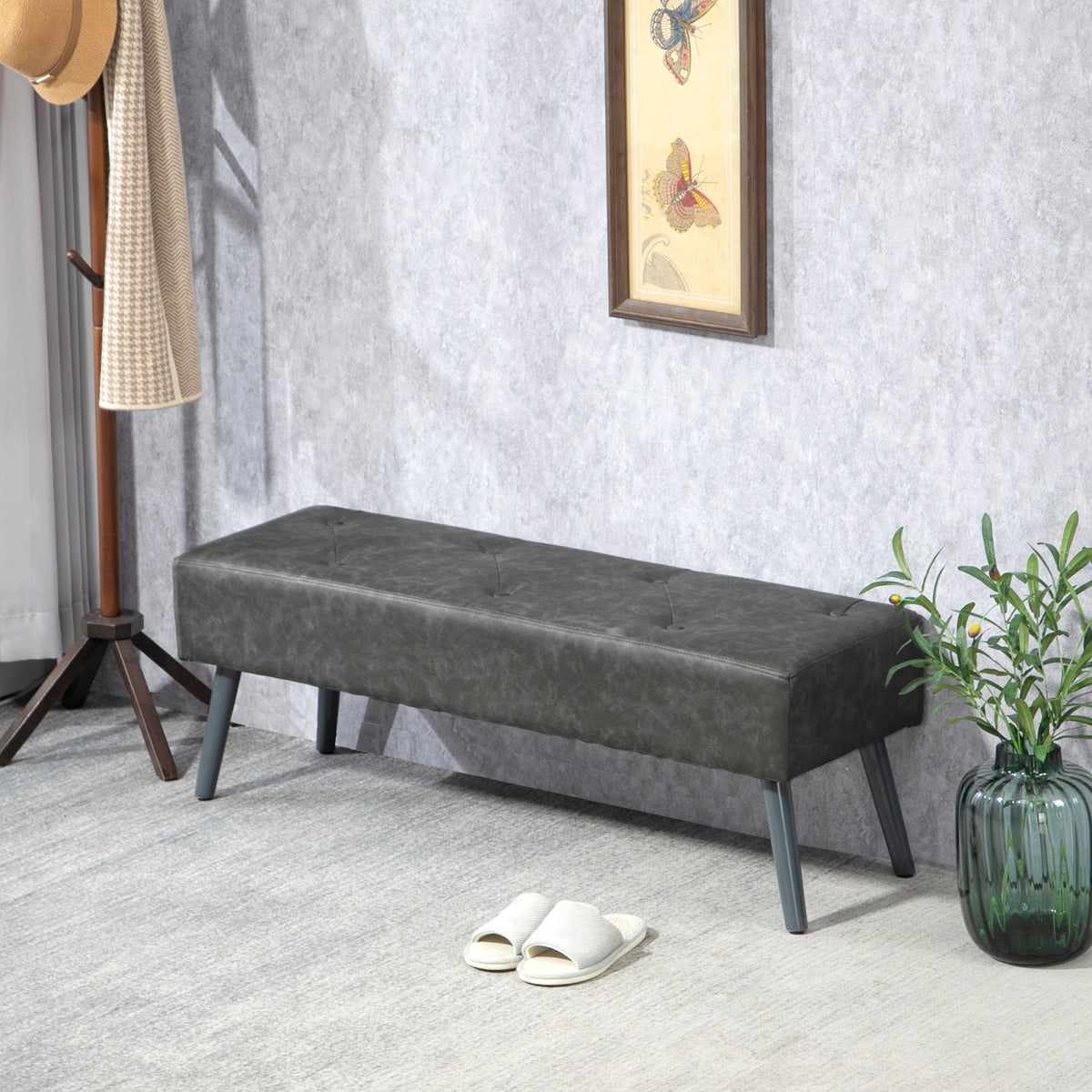 Banc bout de lit banquette capitonnée style vintage 114 x 38 x 42 cm piètement bois revêtement gris-1
