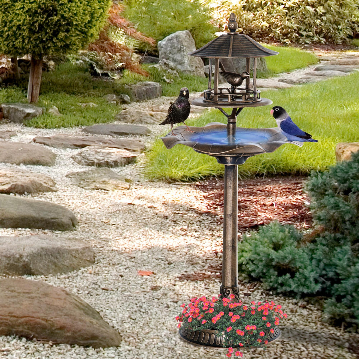 Bain d'oiseaux Abreuvoir pour Oiseaux jardinière 3 en 1 dim. Ø 50 x 113H cm polypropylène bronze antique-1