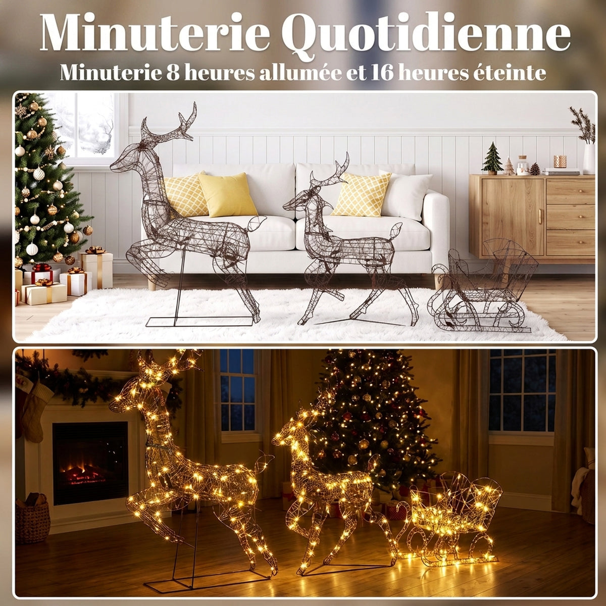 Lot de 2 Rennes de Noël avec Traîneau Lumineux 3 Pièces, 240 LED Blanc Chaud, 8 Modes et Minuterie, 78x22x105cm, Marron-5