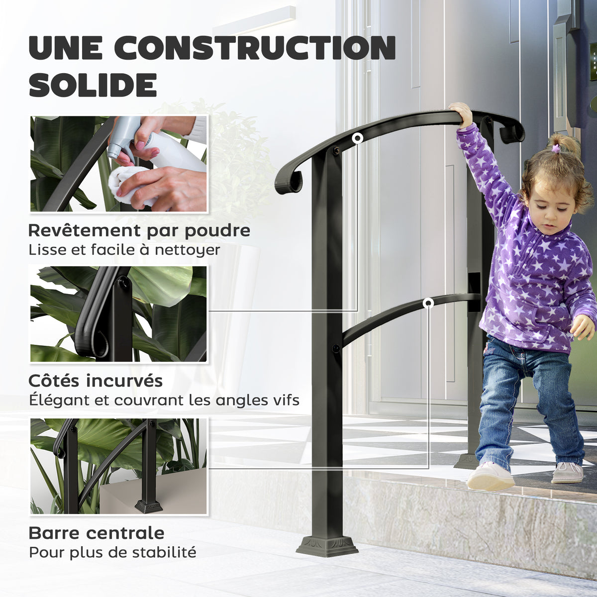 Rampe d'escalier 1 à 3 marches garde-corps pour escalier réglable 0-45° avec kit d'installation 71 x 8 x 148 cm noir-4