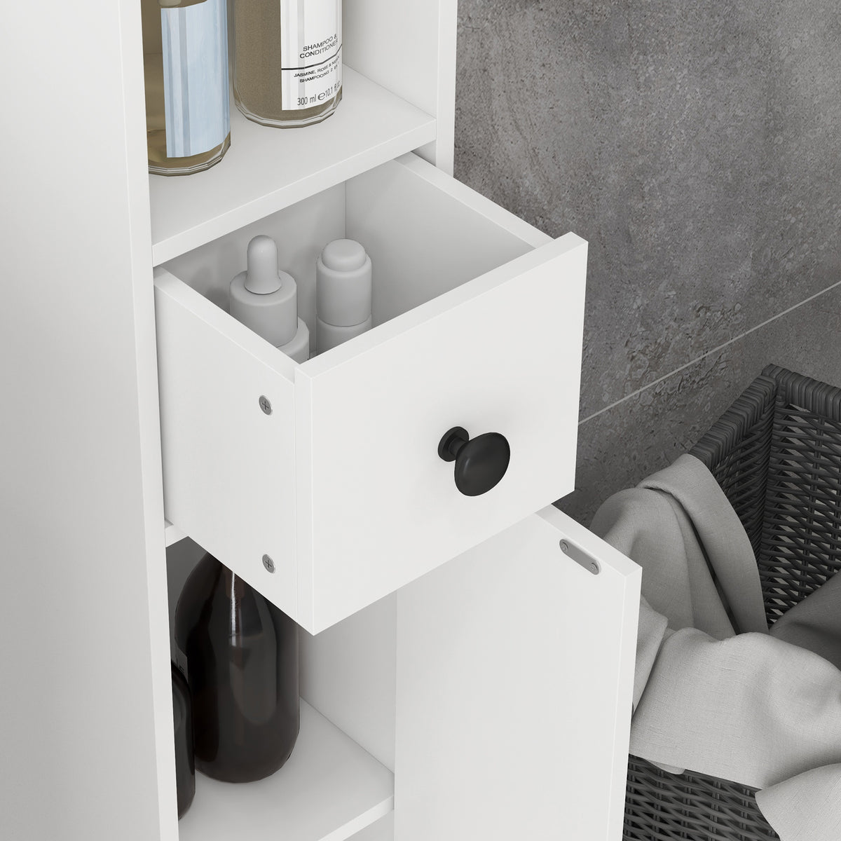 Colonne de rangement armoire haute pour salle de bain 1 tiroir 4 étagères réglables et 2 placards 20 x 20 x 180 cm blanc-7