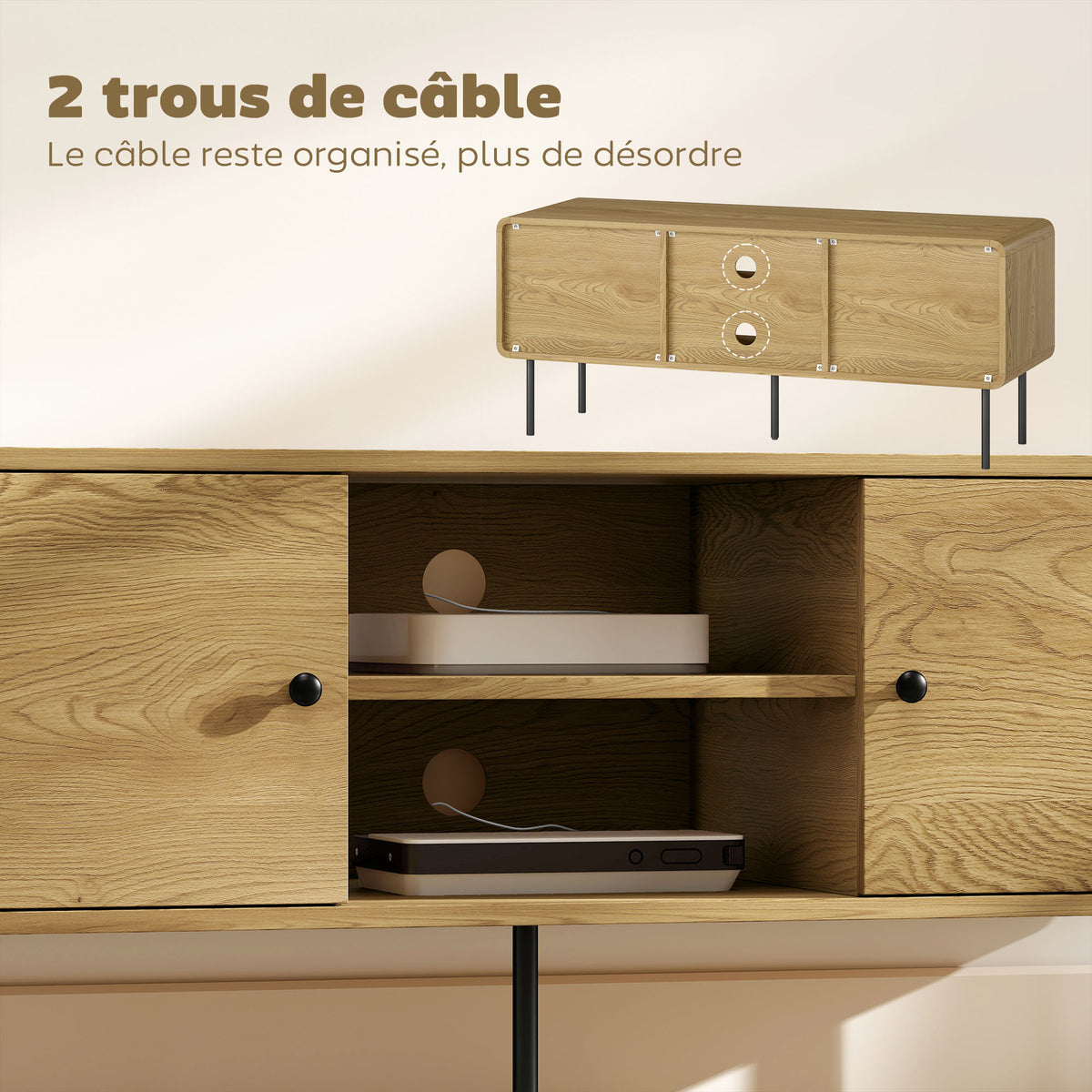 Meuble TV, meuble télé jusqu'à 55 pouces avec 2 portes, 2 compartiments ouverts, pieds en acier, 120x40x50cm, chêne-5