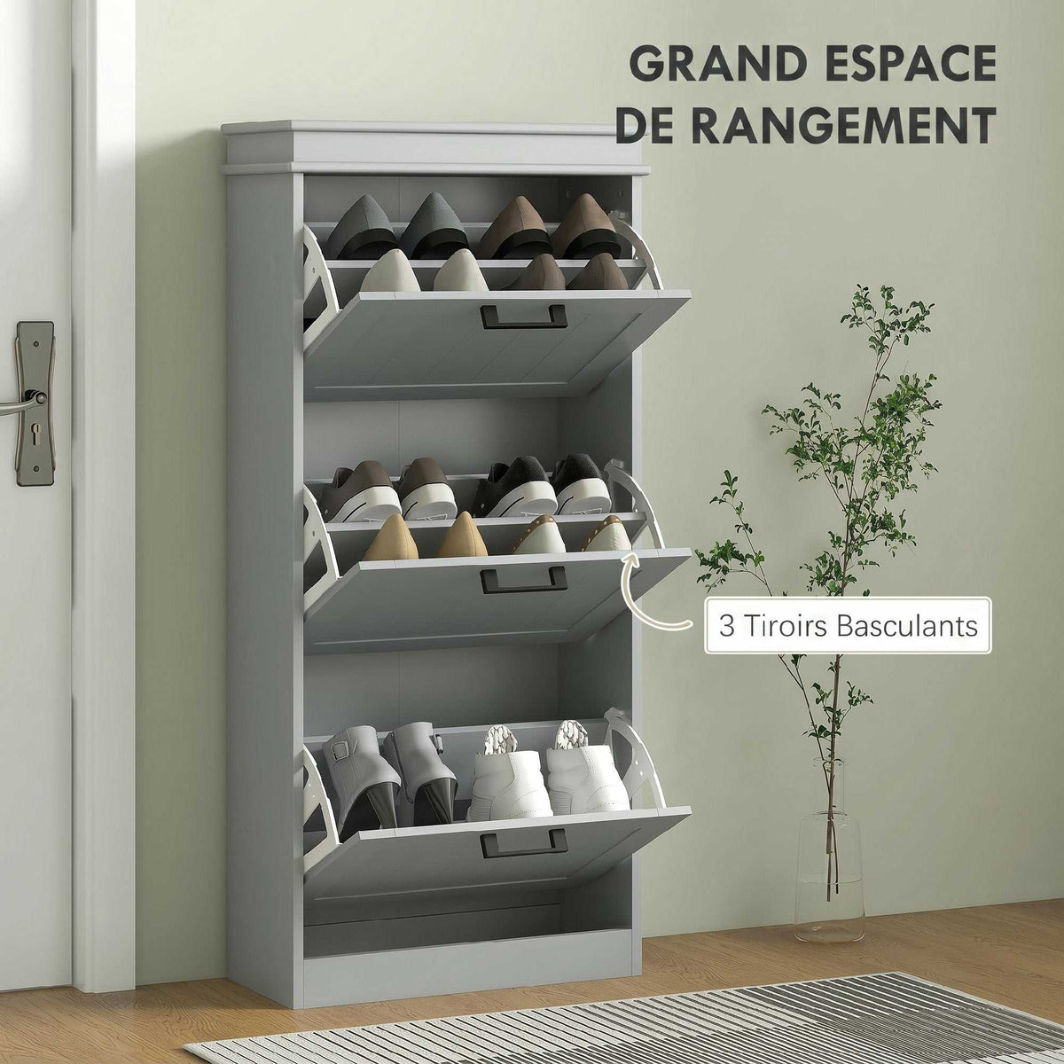 Meuble à chaussures, armoire à chaussures 3 portes abattants 15 paires, étagères réglables, 54 x 24 x 117,5 cm, gris-3