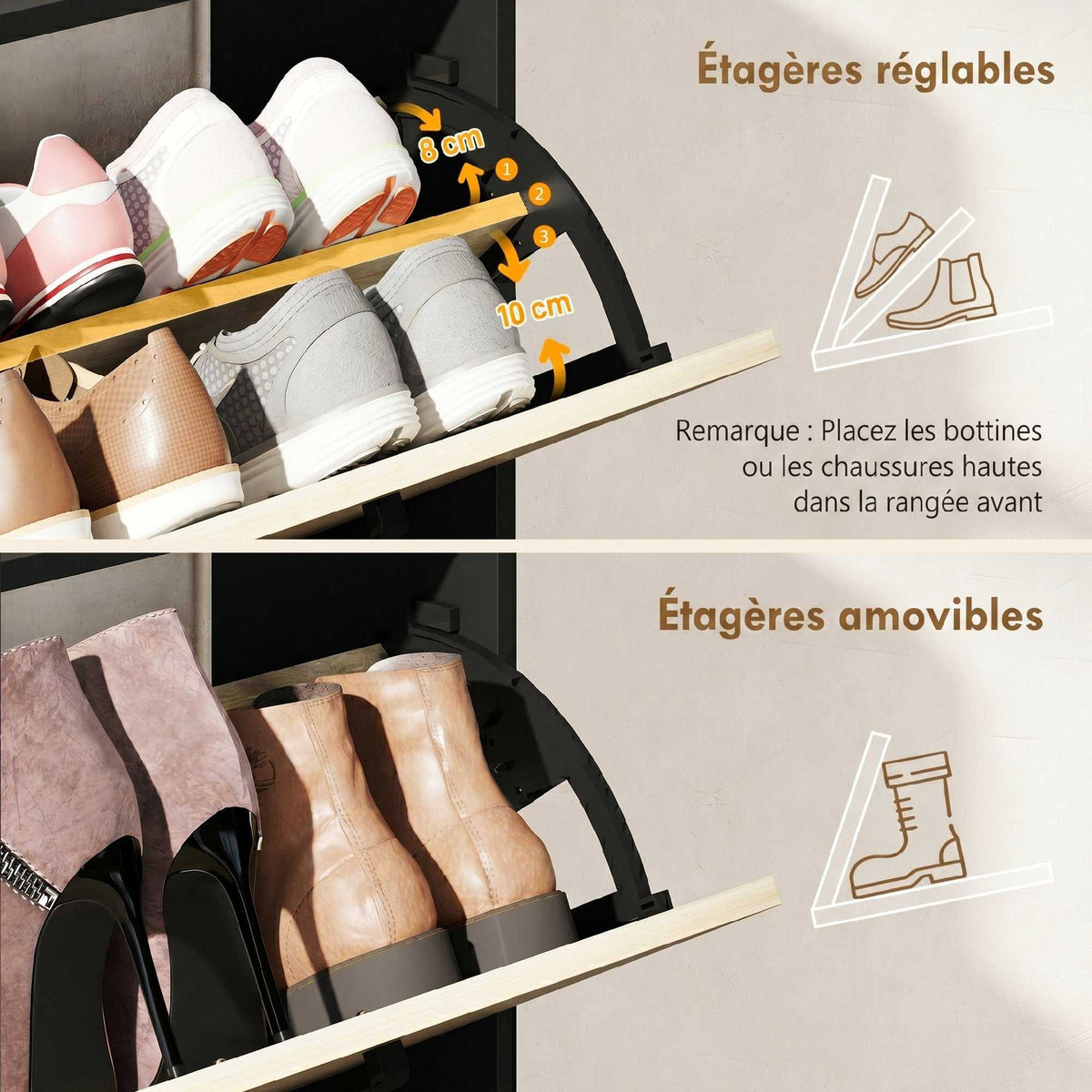 Meuble à chaussures 15 paires, armoire à chaussures moderne avec 2 tiroirs rabattables, 83x24x90,5cm, noir-4