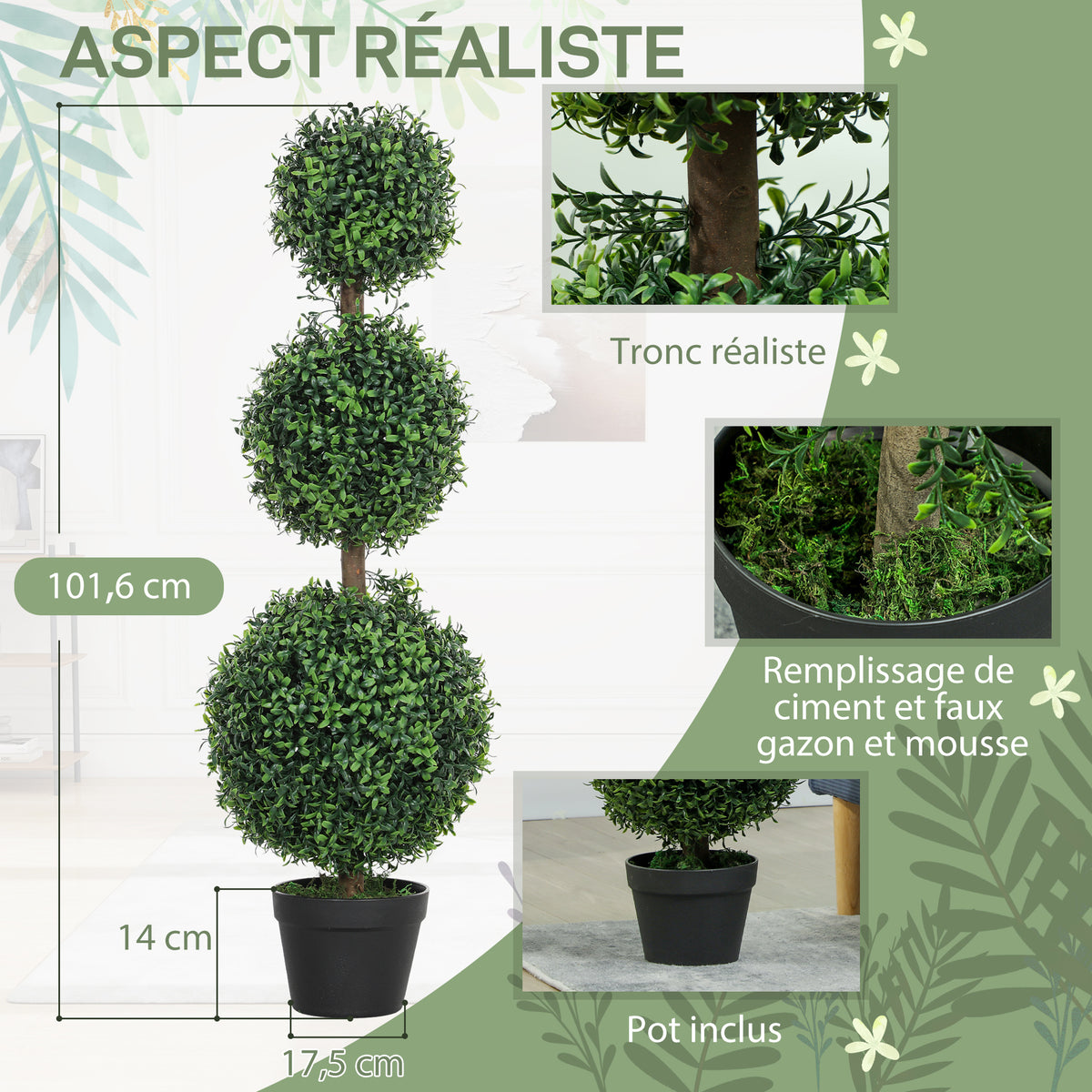 Lot de 2 arbres artificiels 101,6 cm 3 boules de buis topiaires fausse plante vert PE avec pot intérieur et extérieur-3