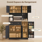 Buffet haut cuisine, armoire de cuisine, station de charge, 6 portes, plan de travail, porte-épices, 100x40x173cm, noir-3