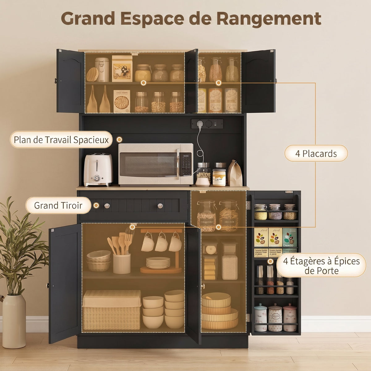 Buffet haut cuisine, armoire de cuisine, station de charge, 6 portes, plan de travail, porte-épices, 100x40x173cm, noir-3