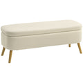 Banc de rangement, bout de lit avec couvercle, pieds en bois, capacité 65 L, jusqu'à 220 kg, 120x42x45cm, beige-0