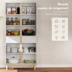 Buffet haut cuisine, armoire de cuisine avec 4 portes, 2 tiroirs et étagères réglables, 80x35x170cm, blanc et chêne-3