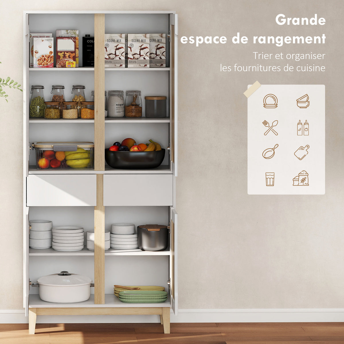 Buffet haut cuisine, armoire de cuisine avec 4 portes, 2 tiroirs et étagères réglables, 80x35x170cm, blanc et chêne-3